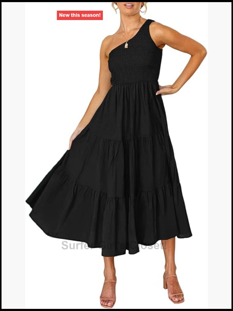 Bohemian Floral One Shoulder Sleeveless Smocked Ruffle Tiered Beach Midi Dress
